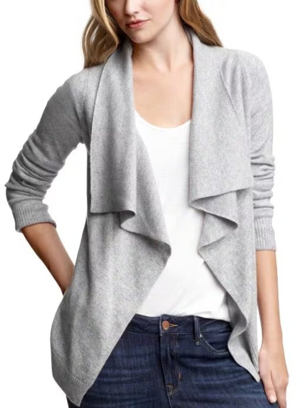 Gap Cashmere Open Front Waterfall Cardigan Sweater Quiet Luxury Gray - Medium